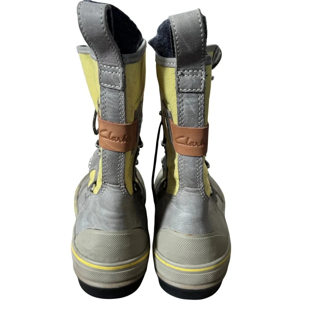Clarks‎ Muckers Squall Boots Sz 10M Gray Yellow Leather Canvas Winter Waterproof